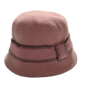 Forbusite Pink Wool Blend Cloche Bucket Hat with Contrast Stitch Trim